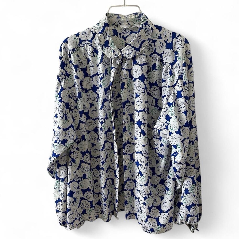 Vintage James Kenrob Floral Blouse Blue White Long Sleeve Button Front Size 20